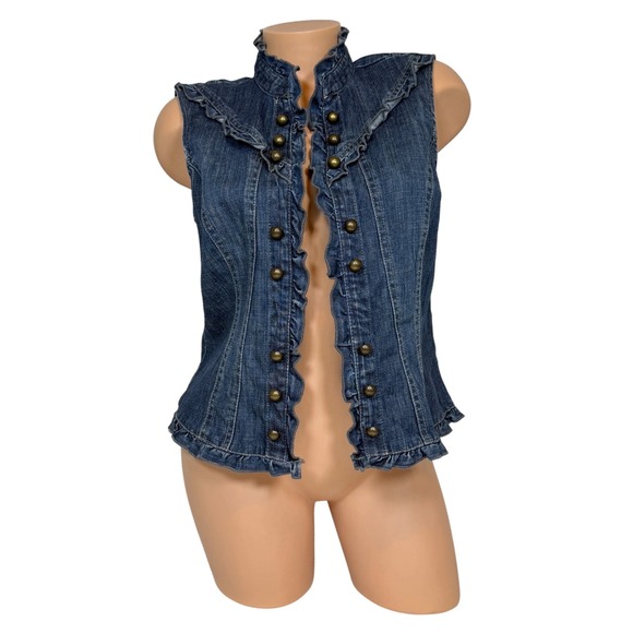 Tribal Denim Jackets & Blazers - Tribal Denim Women's Size 8 Ruffle Trim Military Vest Blue Stretch Dark Wash